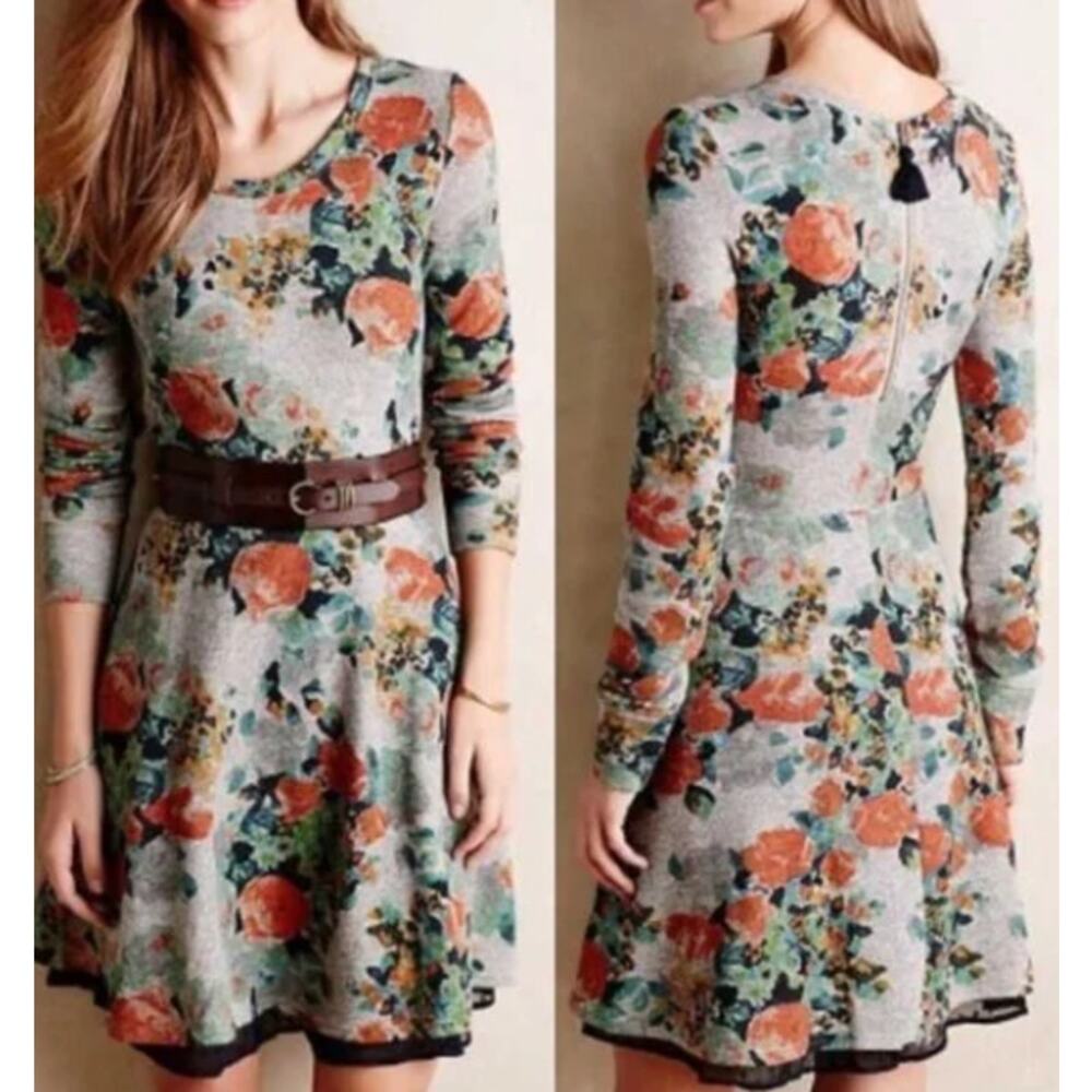 Saturday Sunday Size S Grey Muted Floral‎ Knit Flare Dress Polka Dot Lining